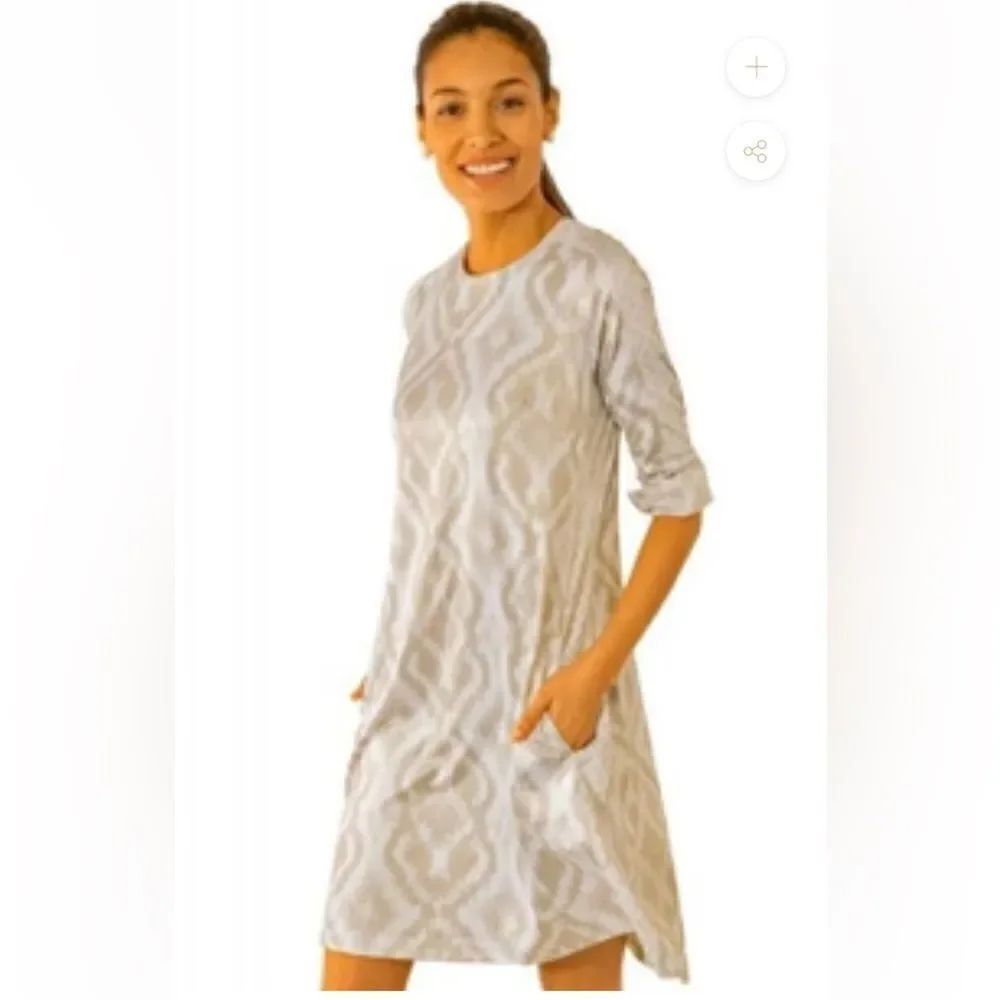 GRETCHEN SCOTT SWINGER DRESS KITT IKAT KHAKI swing style dress, tie back sz M.